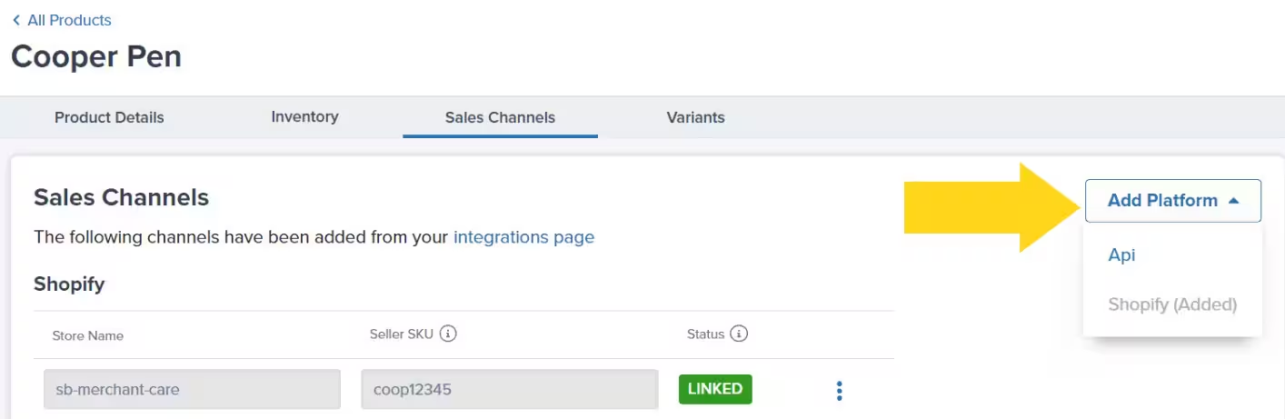 Add Platform button on Sales Channels tab