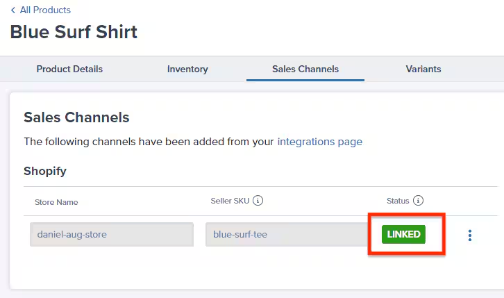 Sales Channels tab showing Linked status