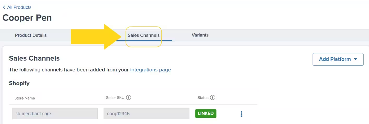 Sales Channels tab on Product Details page