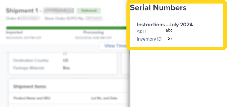 Serial Numbers side panel showing SKU and Inventory ID details