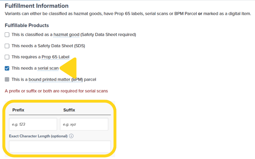 Serial scan checkbox and prefix/suffix configuration fields