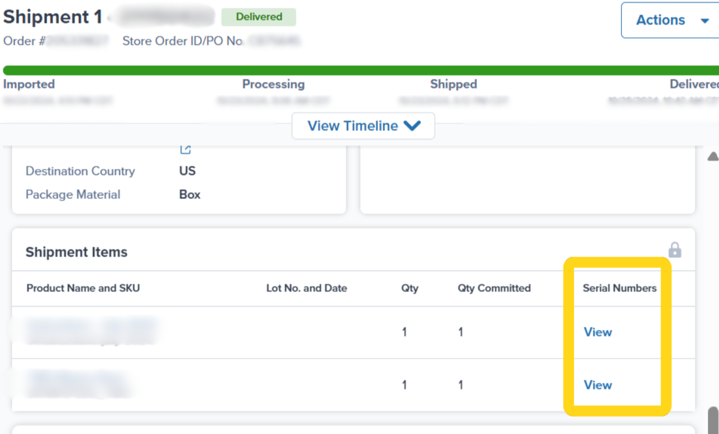 Shipment Items panel showing Serial Numbers column with View buttons