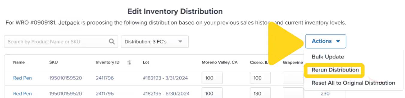 Actions menu showing Rerun Distribution option