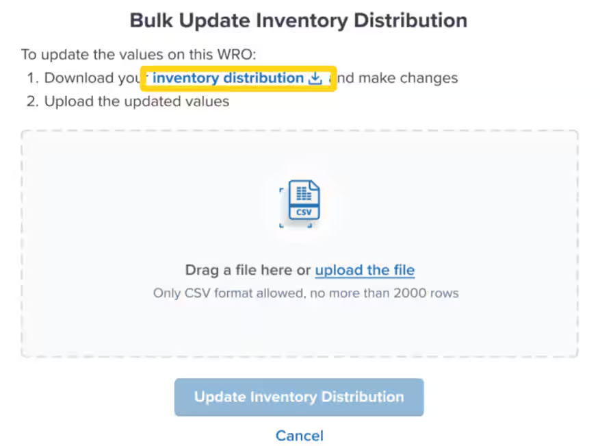 Bulk Update Inventory Distribution dialog showing inventory distribution download link and file upload area
