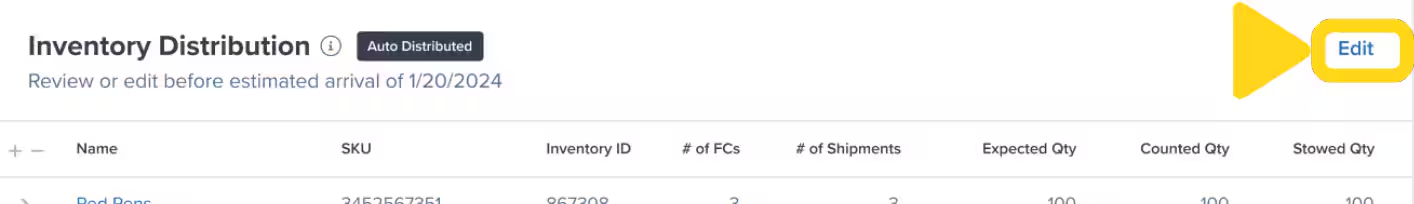 Edit button in Inventory Distribution tile