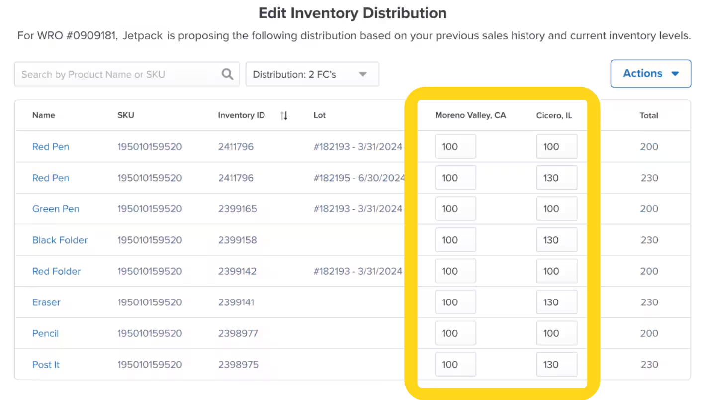 Edit Inventory Distribution interface showing editable quantity fields for each fulfillment center with product rows