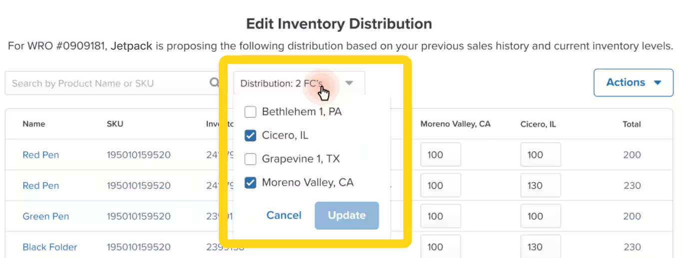 Fulfillment center dropdown selector showing available locations