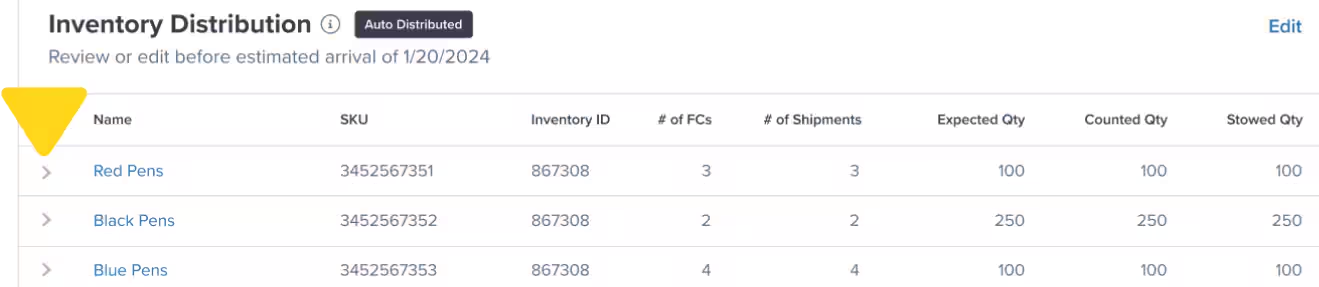 Arrow icon to expand SKU details in Inventory Distribution