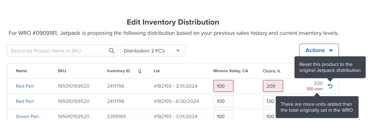 Transfer plan editor showing error state with red quantity fields and reset icon tooltip