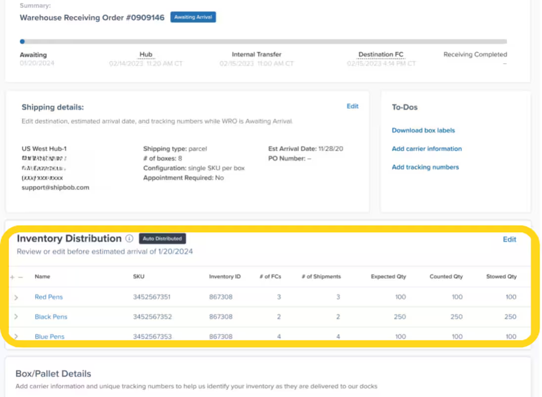 MIQ transfer plan overview showing fulfillment center allocations and shipment details