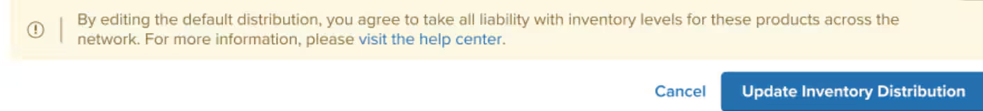 Update Inventory Distribution button with liability agreement message and Cancel option