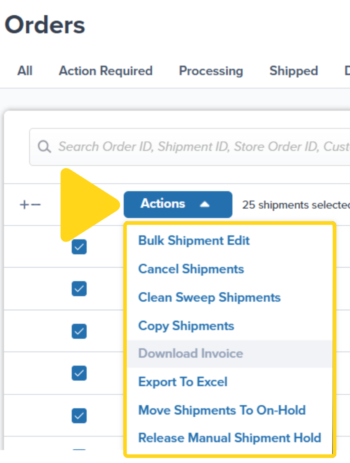 Actions menu showing available bulk actions