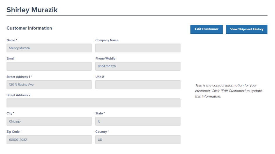 Customer details page showing contact information, shipping address, and order history