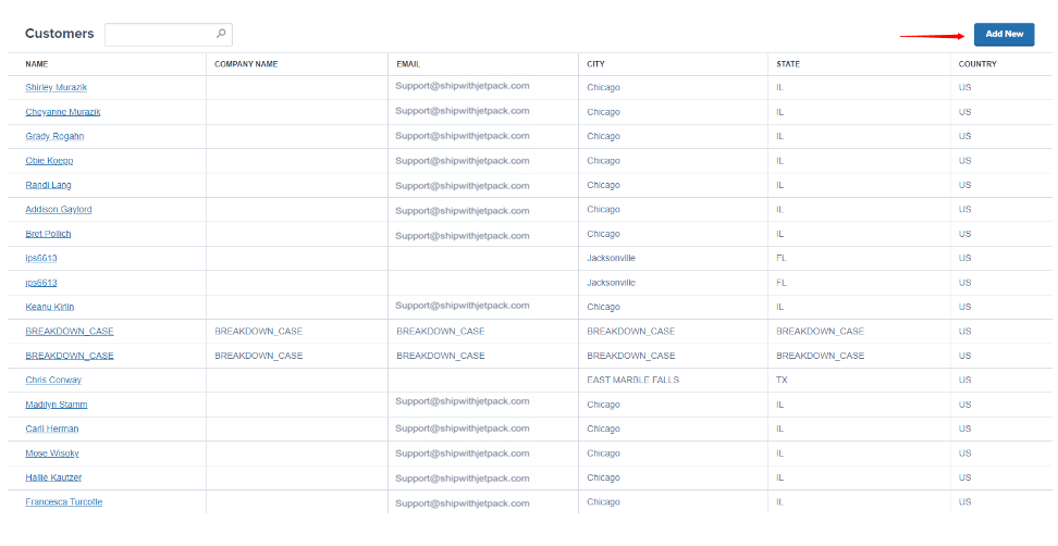 Customers page with Add New button highlighted