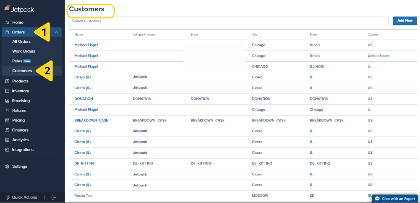Orders menu expanded showing Customers option in navigation
