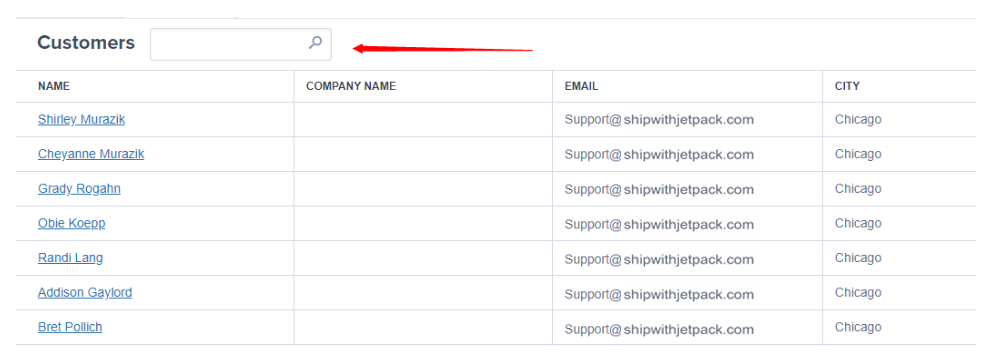 Customers page search box for filtering by name, company, city, or country