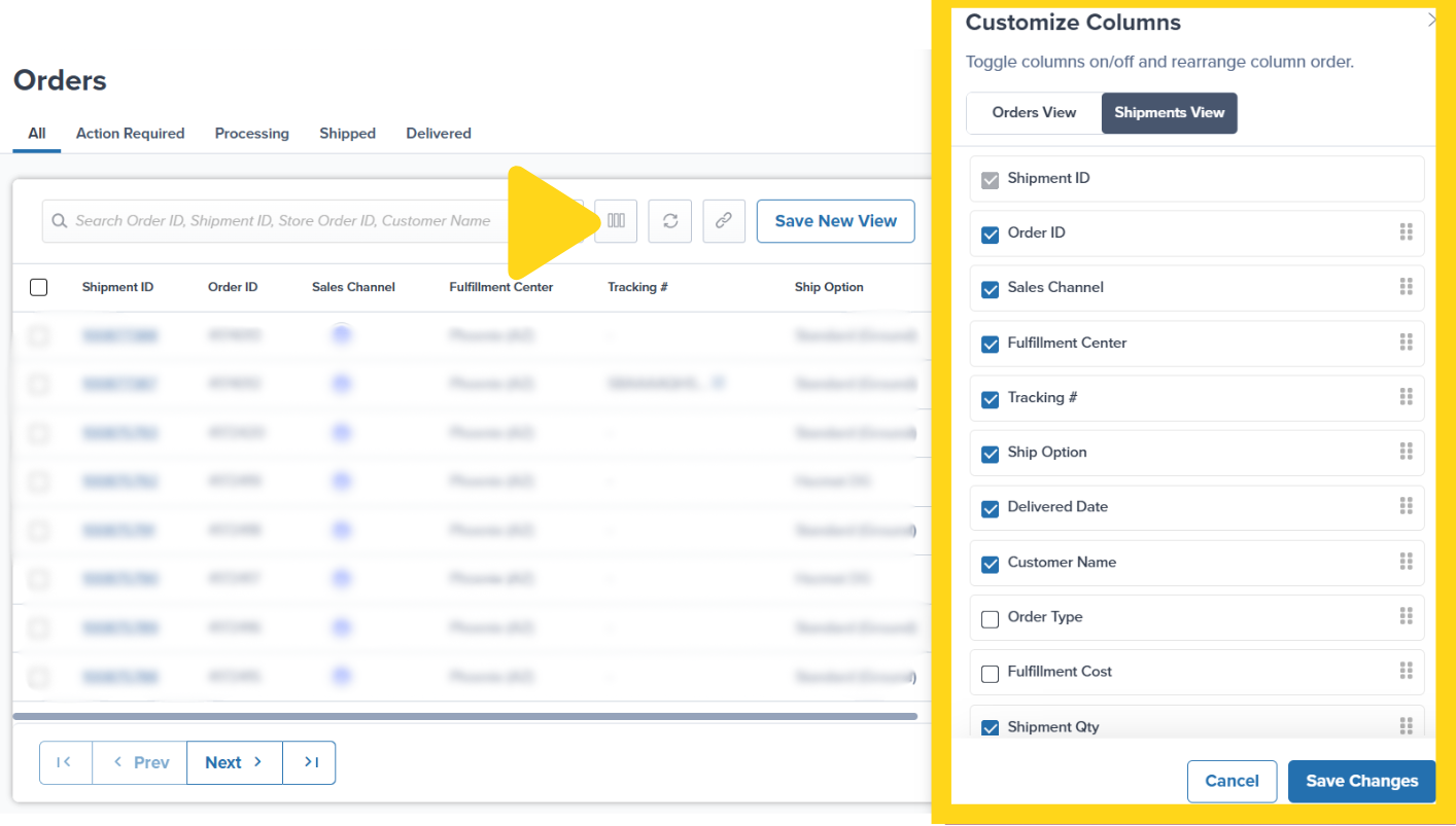 Customize Columns panel showing available options