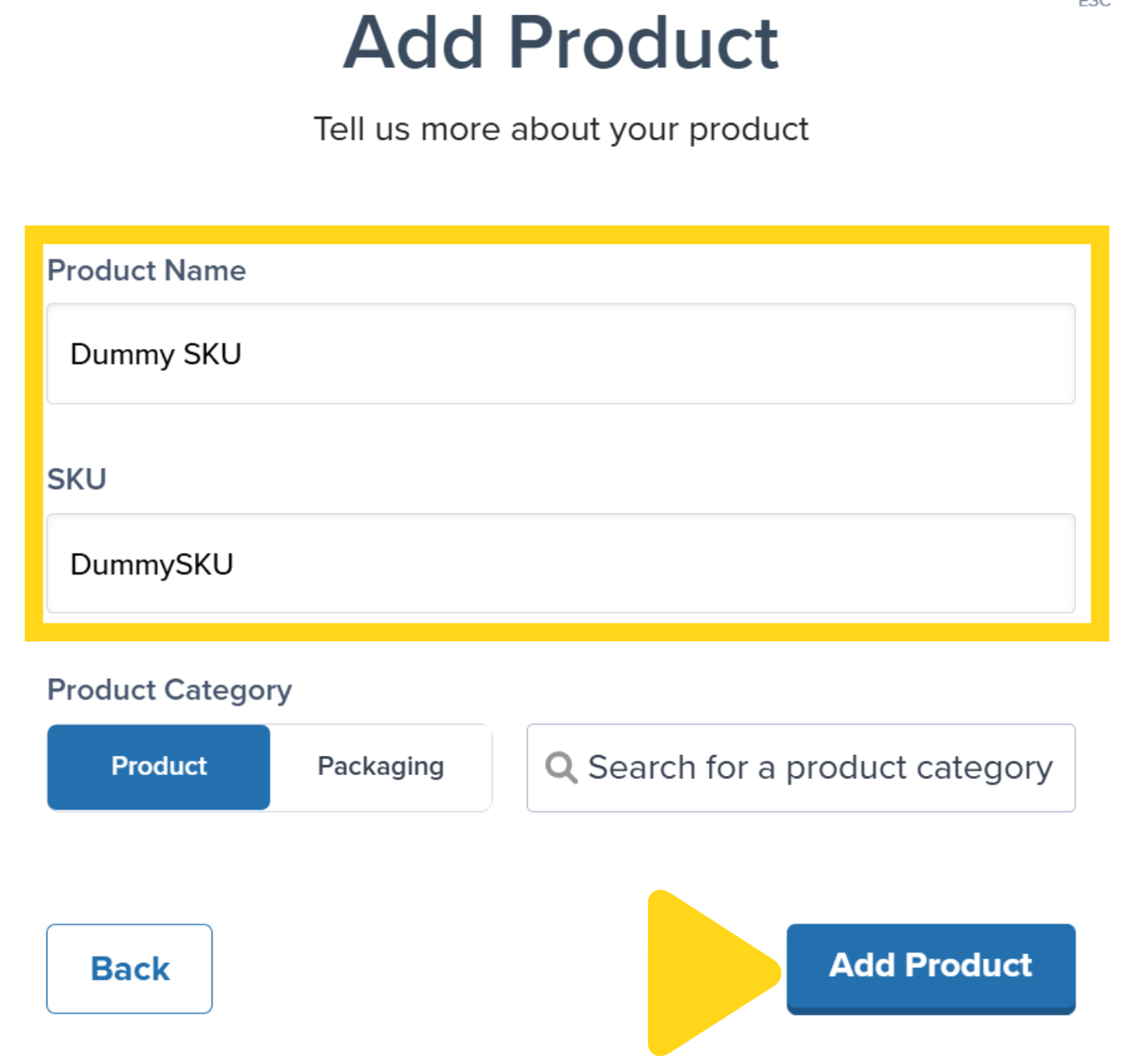 Product Name and SKU input fields filled with Dummy SKU and DummySKU