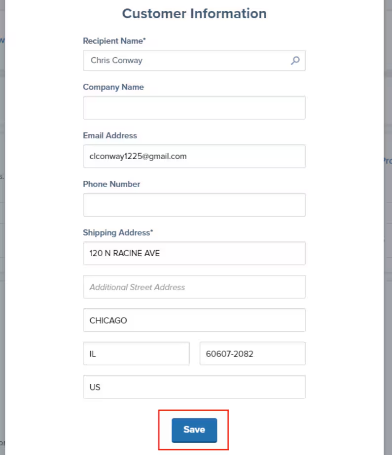 Customer information editing form with Save button