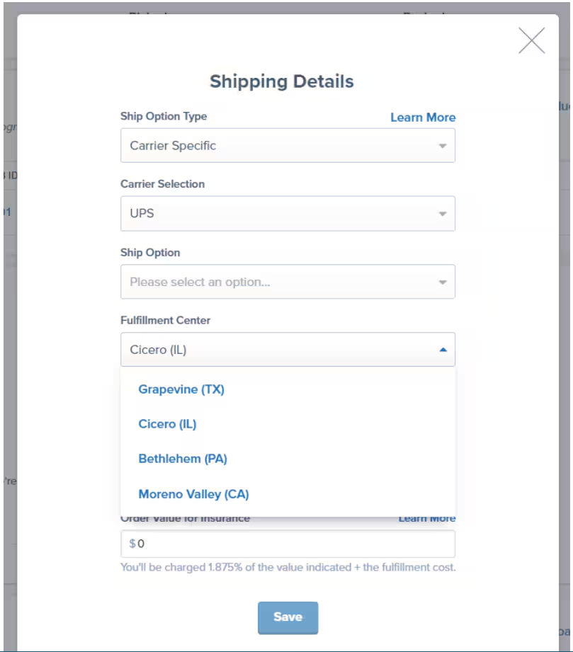 Fulfillment Center dropdown showing available locations