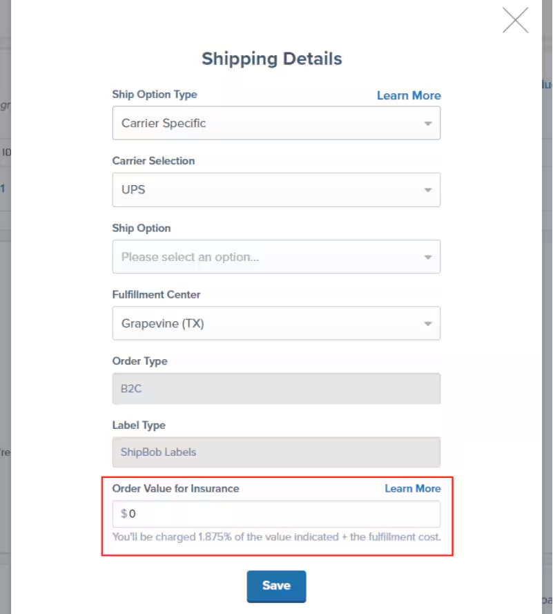 Order Value for Insurance field showing calculation information