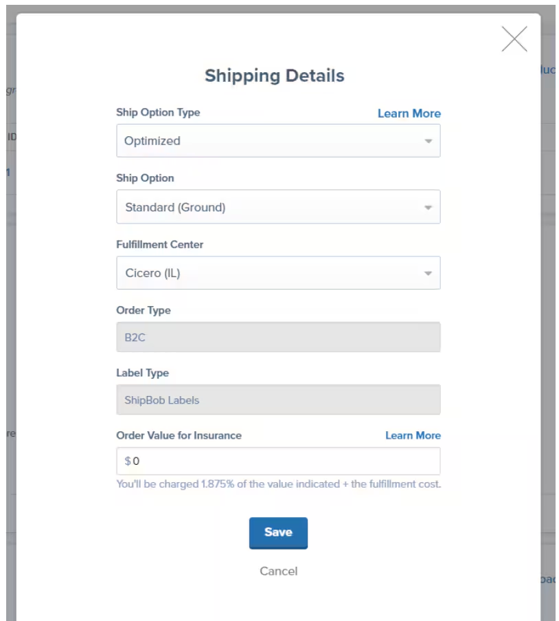 Shipping Details editing dialog with Ship Option Type and Fulfillment Center fields
