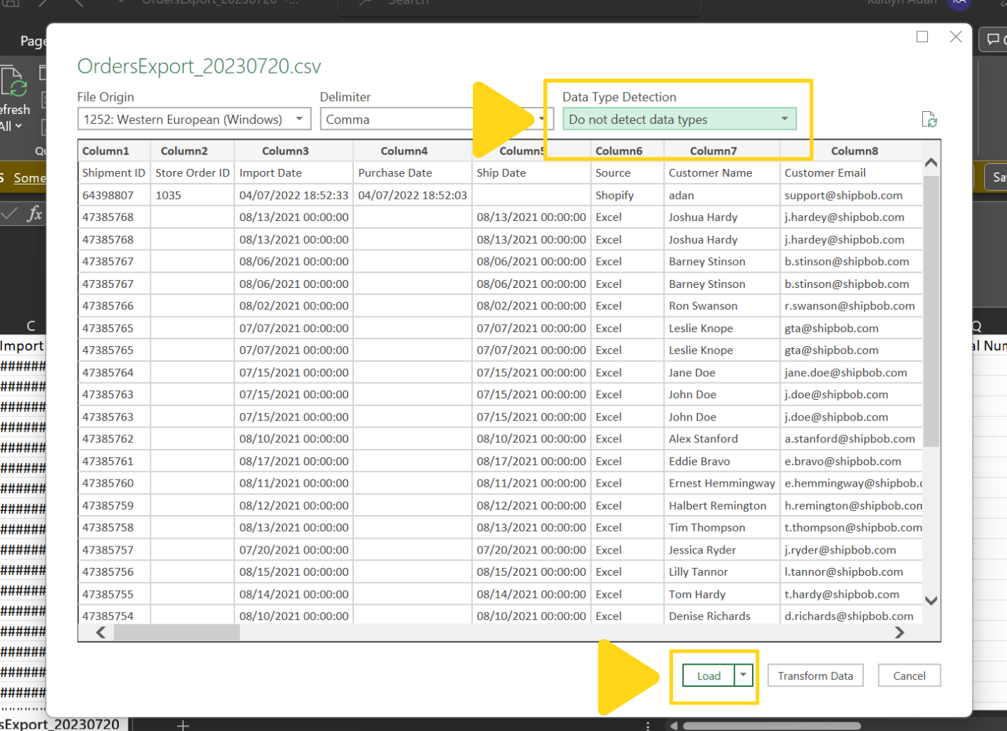 Excel import dialog with Data Type Detection set to Do not detect data types