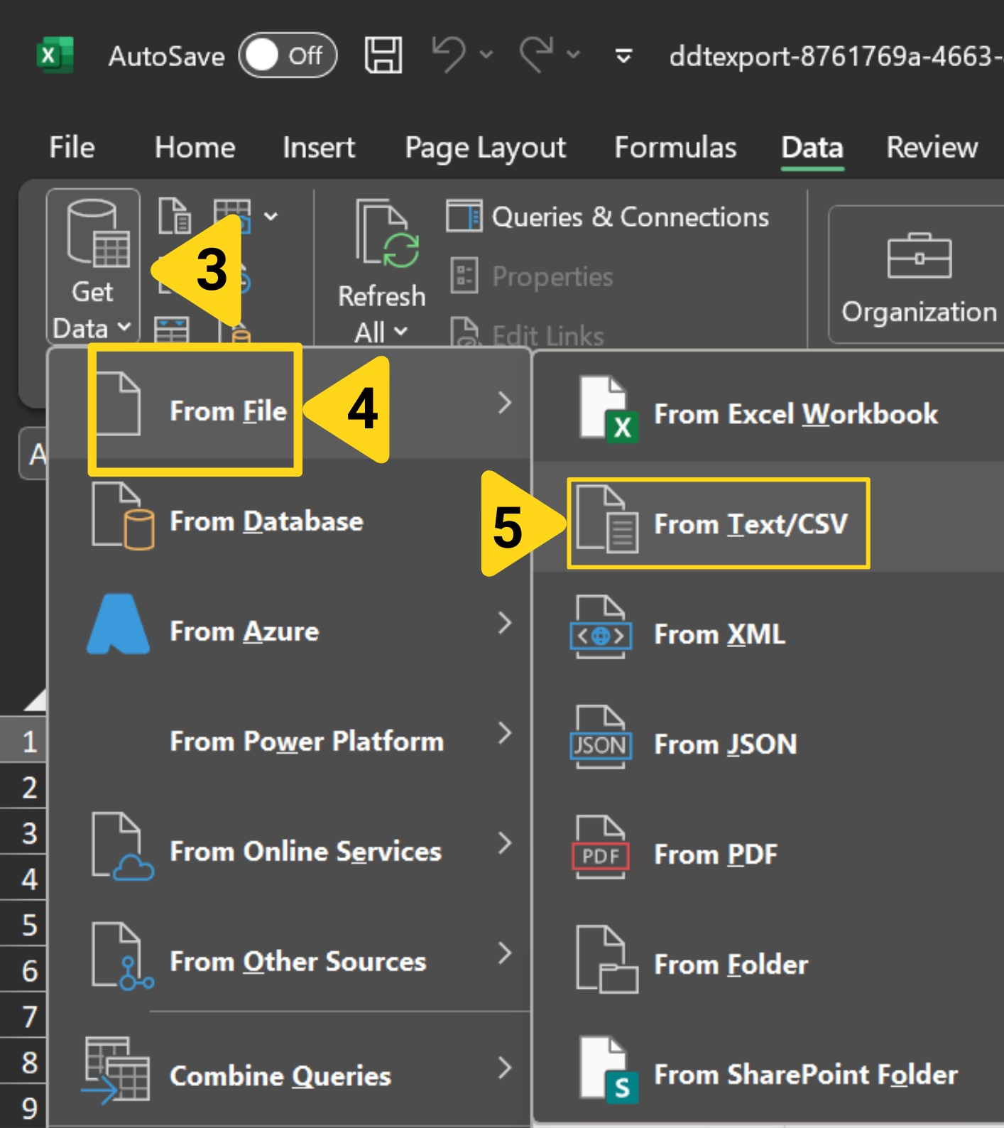 Excel Get Data menu showing From File and From Text/CSV options