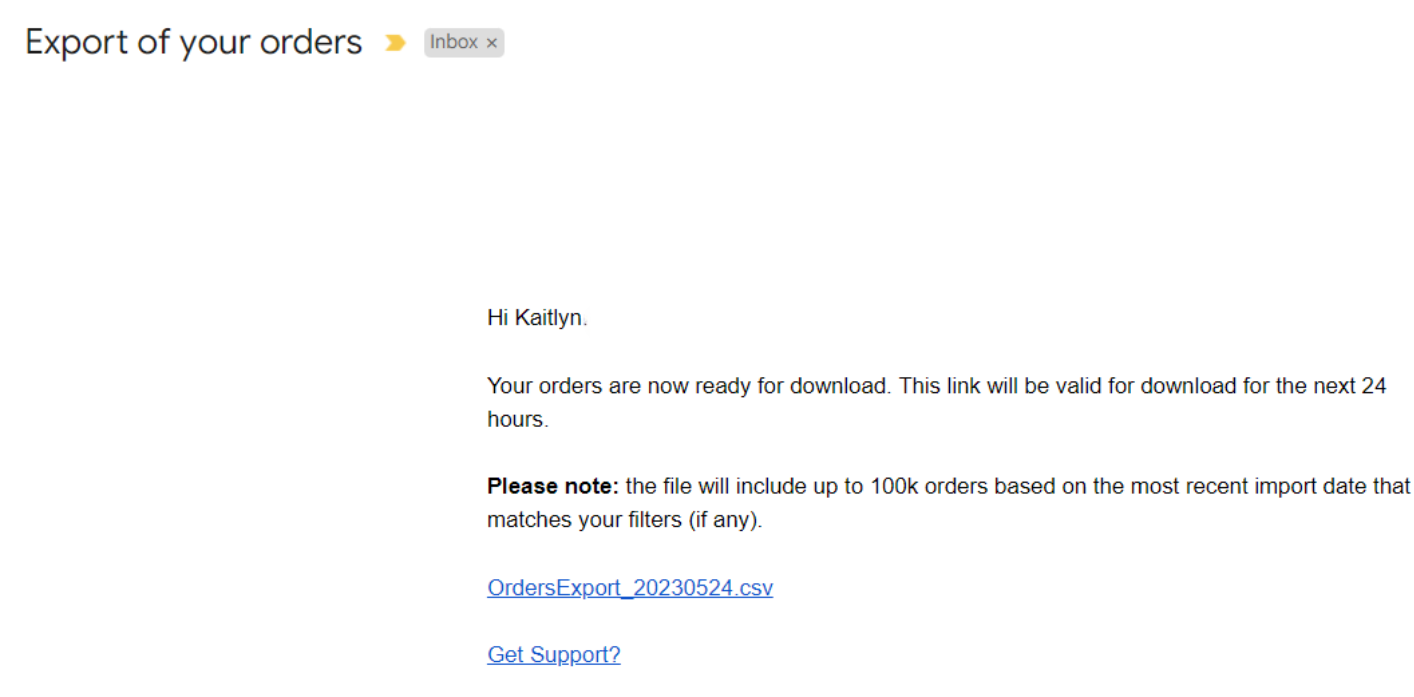 Export email showing download link for OrdersExport CSV file