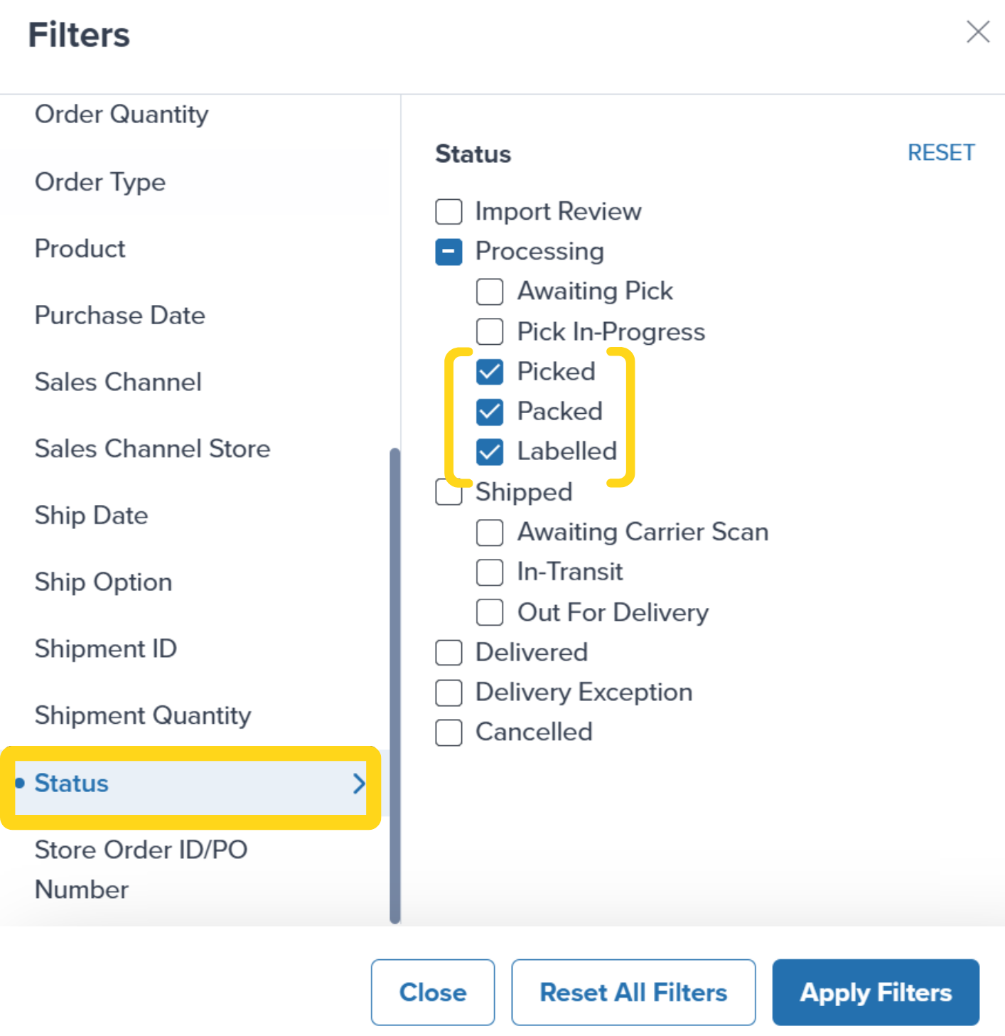 Two-panel filter interface showing filter categories on left and Status filter options on right with active indicator dots