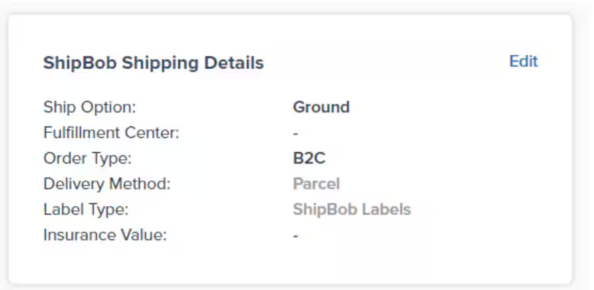 Jetpack Shipping Details panel showing ship option, fulfillment center, order type, delivery method, and insurance value