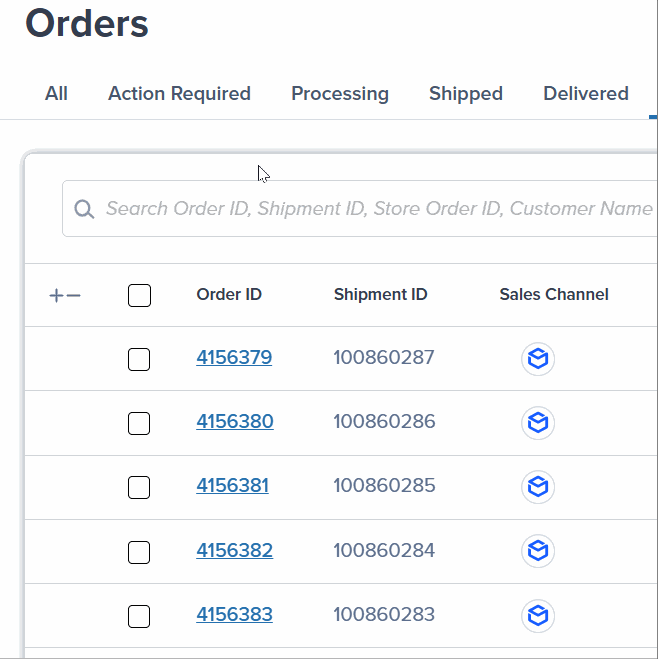 Orders page showing header checkbox highlighted for selecting all orders on current page