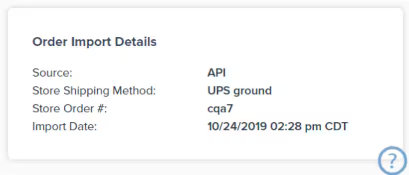 Order Import Details panel showing source, store shipping method, store order ID, and import date