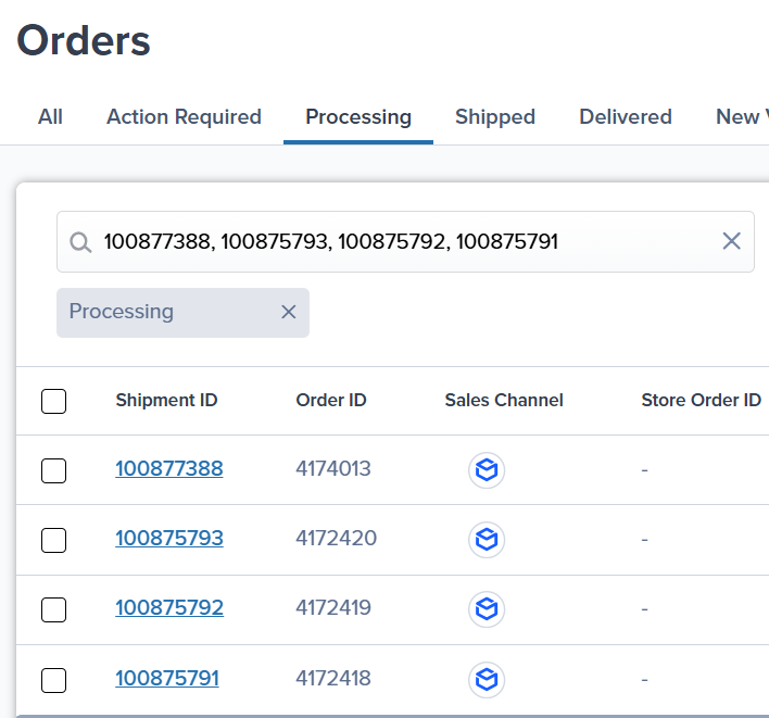 New Orders page interface showing search bar with bulk search example and filter funnel icon highlighted