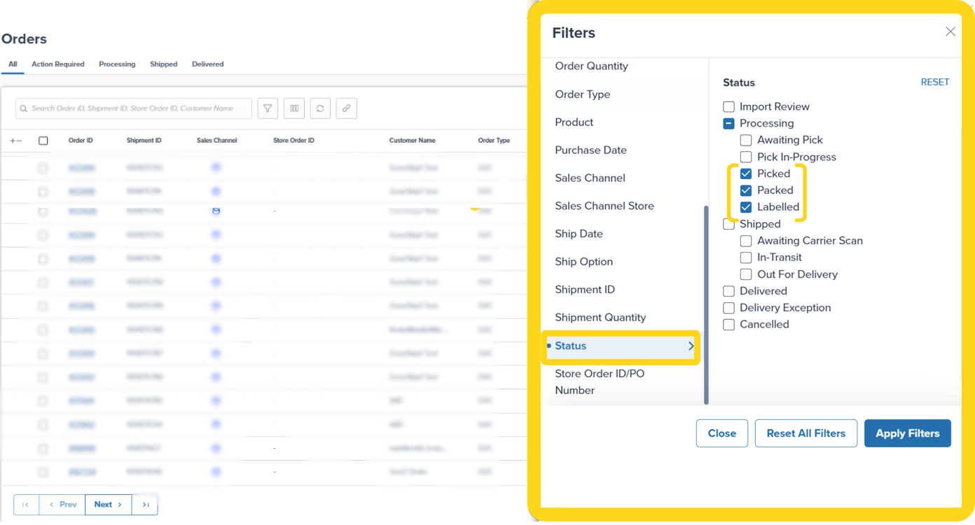 Two-panel filter interface showing filter categories on left and Status filter options on right with active indicator dots