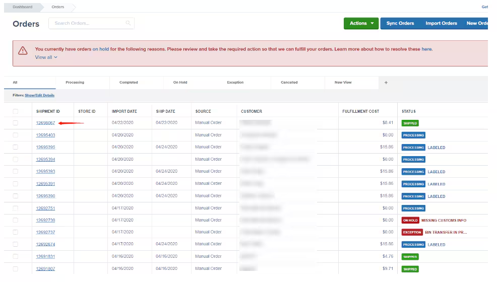 New Orders page showing expanded shipment view with associated shipments displayed in a table showing Shipment ID, Dimensions, Actual Weight, Tracking ID, Date Sent, Fulfillment Cost, and Shipment Status
