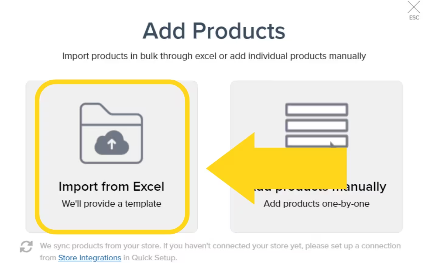 Add Products dialog with Import from Excel option highlighted