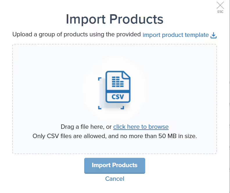 Import Products dialog showing import product template link and file upload area