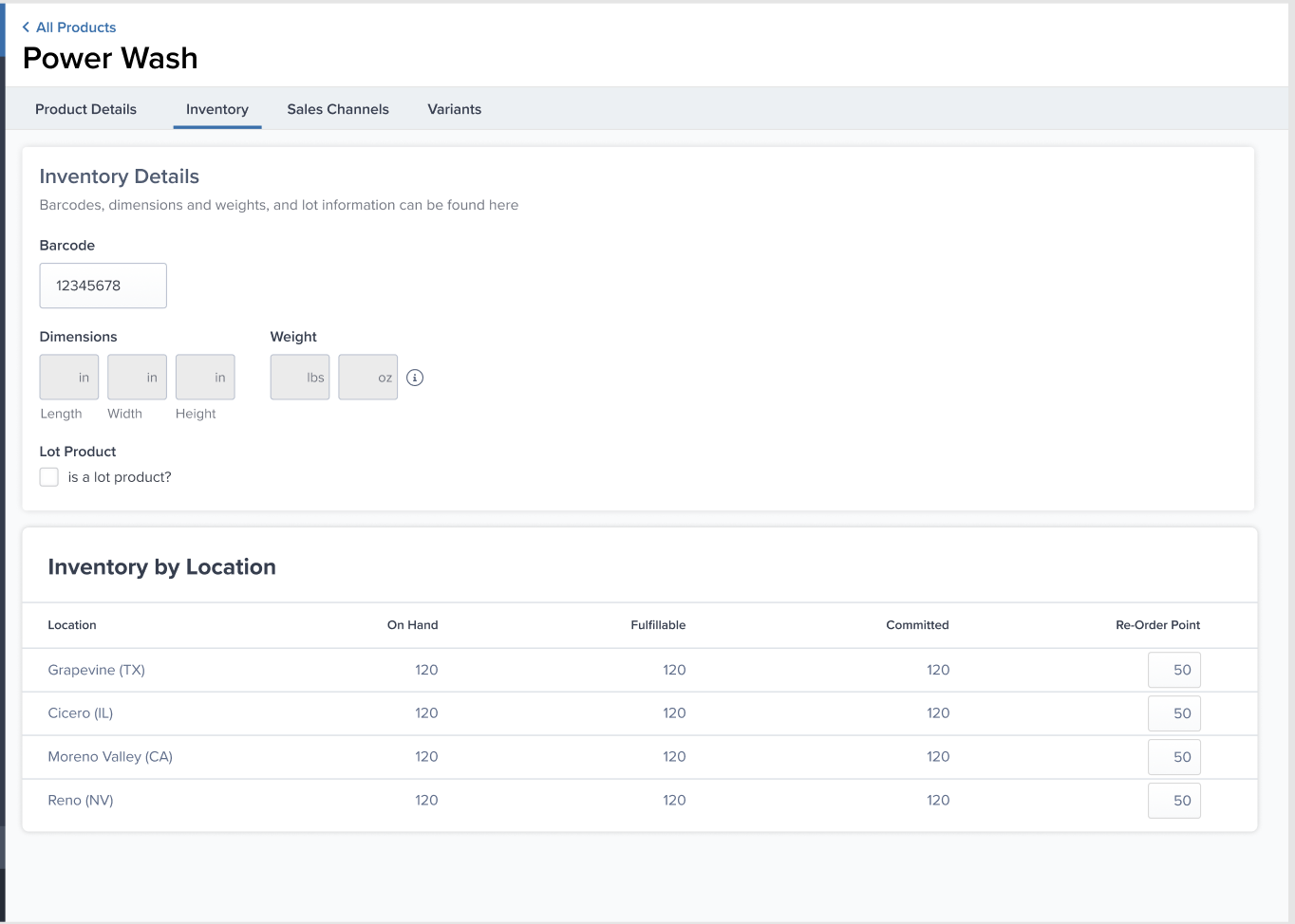 Inventory by Location section showing stock levels across fulfillment centers with Re-Order Point fields for setting low-stock alert thresholds