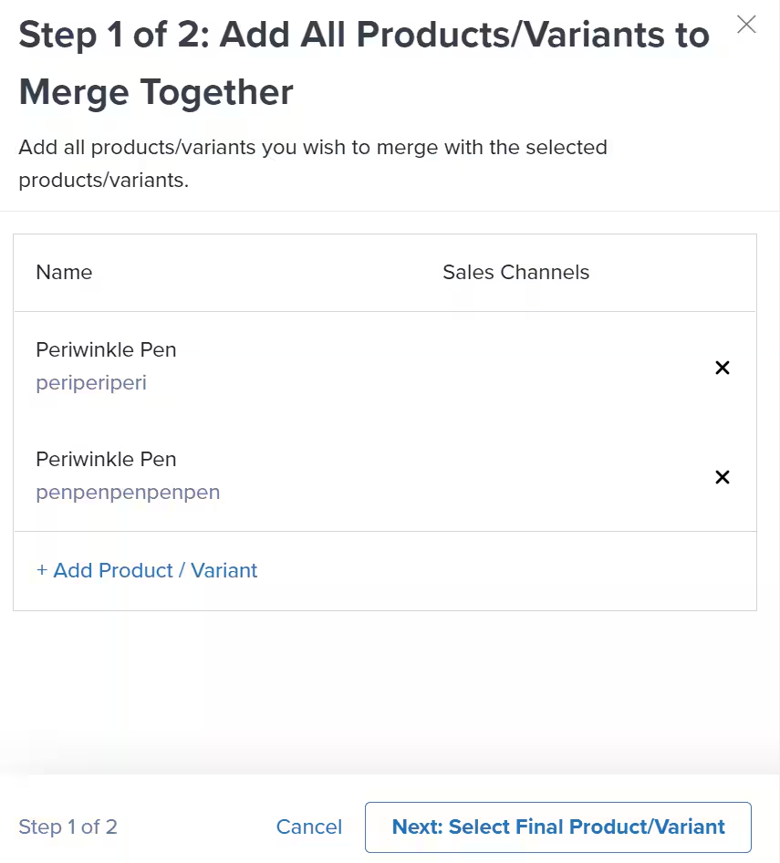 Step 1 of merge process showing selected products