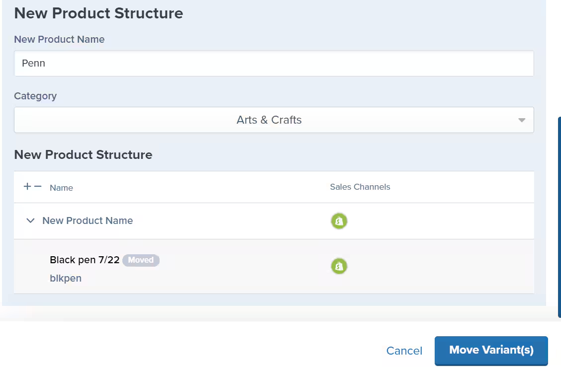 New product structure form with category selection