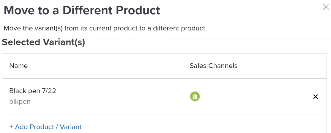 Move to a Different Product dialog showing selected variant