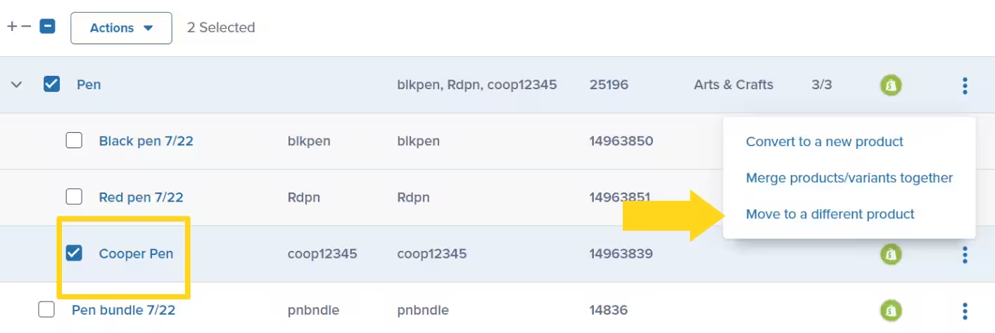 Product Catalog Actions menu showing Convert to a new product, Merge products/variants together, and Move to a different product options