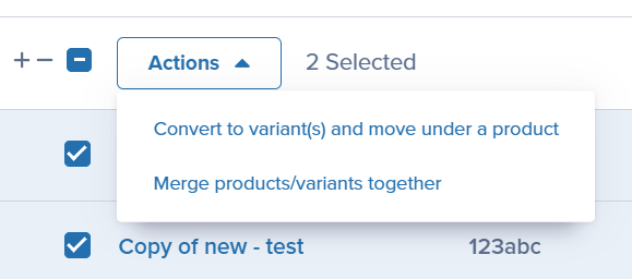 Product actions menu for bulk operations
