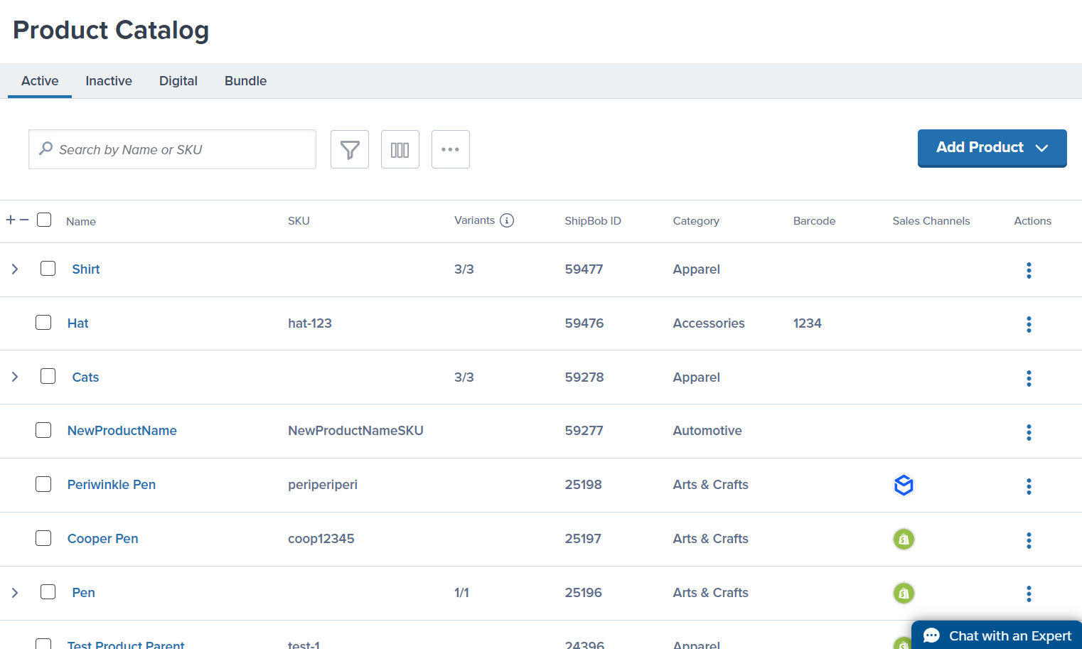 Product Catalog page showing SKU list with filters