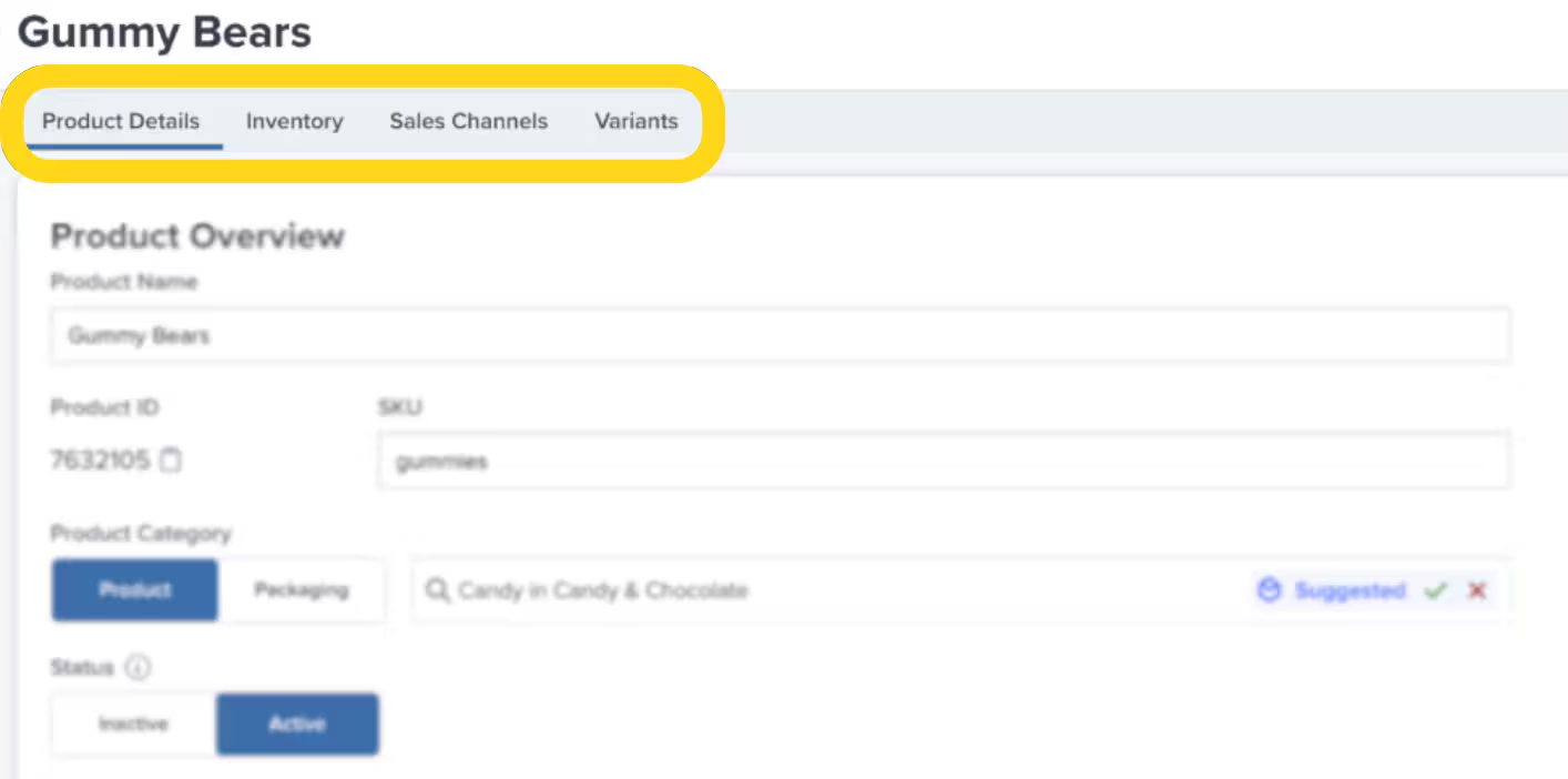 Product Details page showing the four main tabs