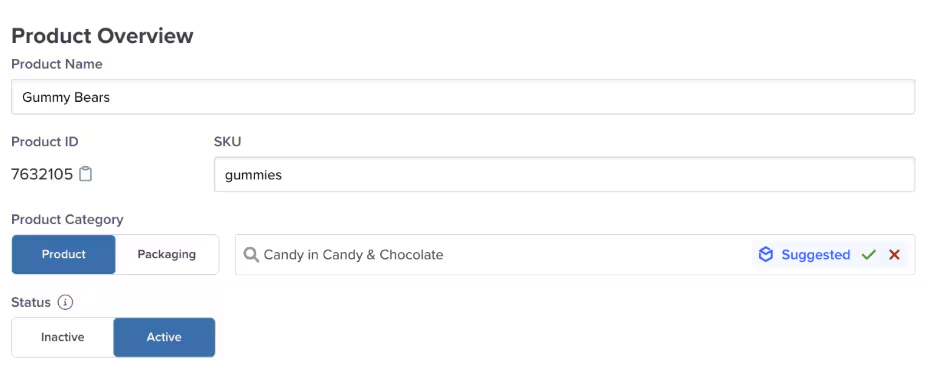 Product Overview tile showing product name, ID, SKU, category selection, and status toggle