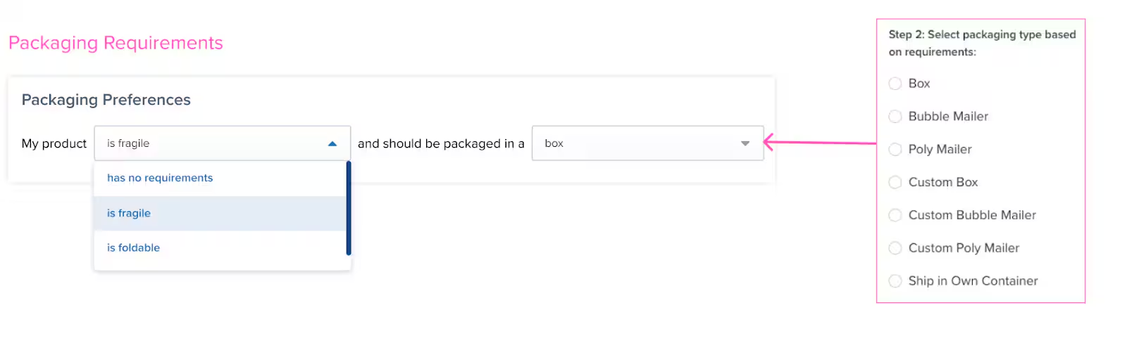 Packaging Requirements tile showing dropdown with packaging options like Box, Bubble Mailer, Poly Mailer, Custom Packaging, and Ship in Own Container