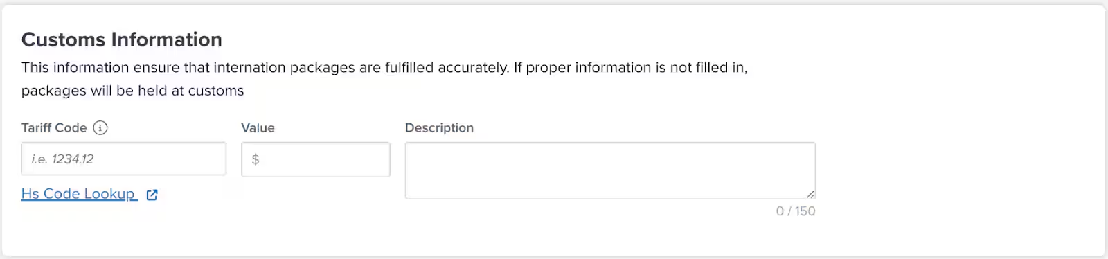 Customs Information tile showing Tariff Code, Value, and Description fields with HS Code Lookup link