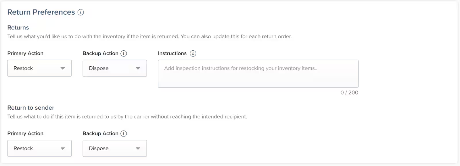Return Preferences tile showing Primary Action, Backup Action, and Instructions fields for both Returns and Return to Sender scenarios